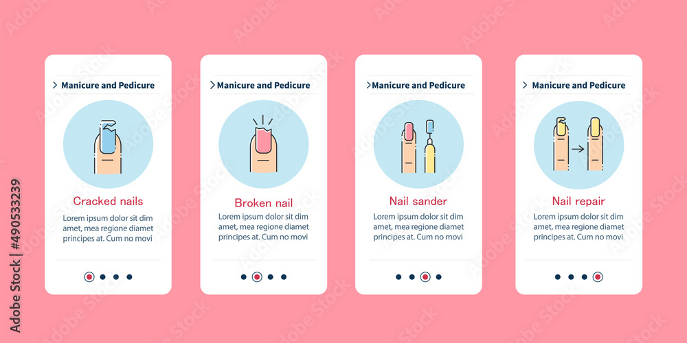  Cosmetology onboarding mobile app screens. Crached nails, repair. Spa procedures. Manicure and pedicure steps menu. Set of UI, UX, web template with RGB color linear icons