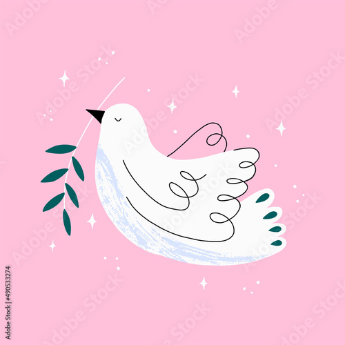 Concept for world peace day postcard with dove and branch. Bird International symbol of peace, hope and pray. Hand drawn vector illustration.
