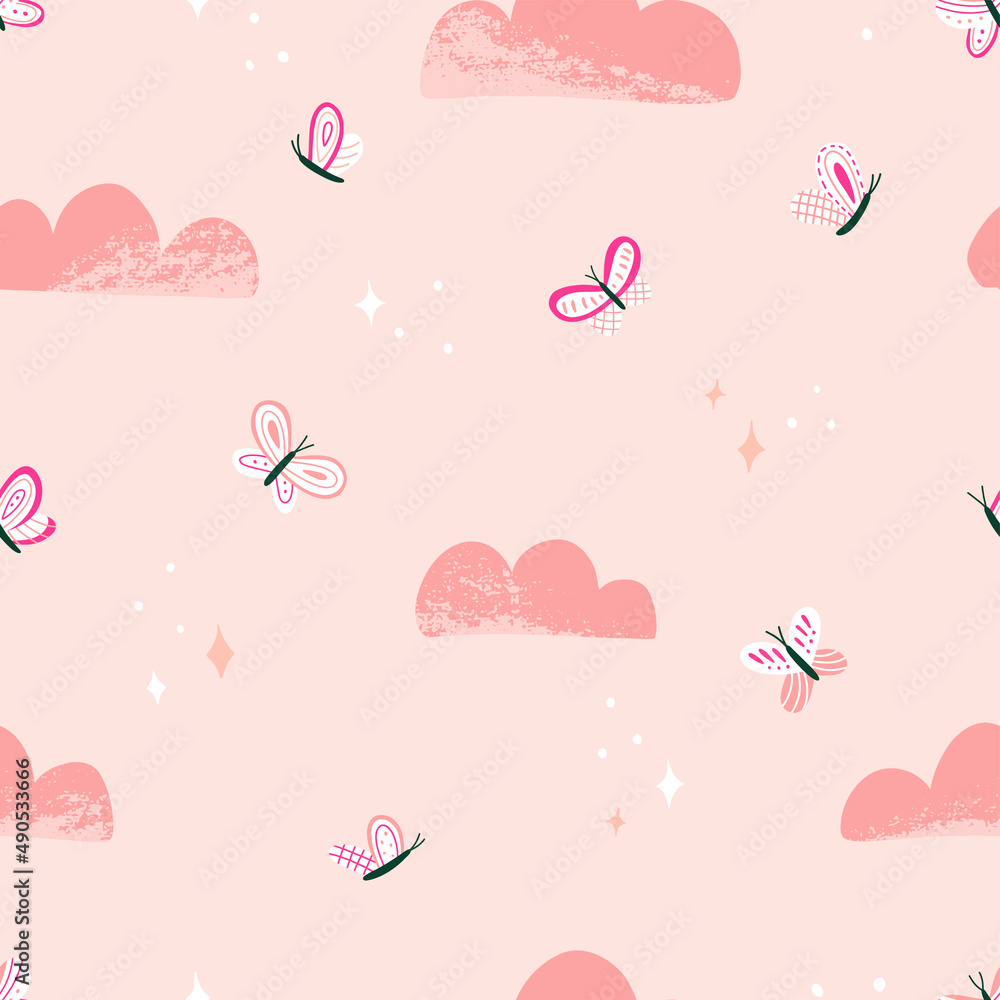 Seamless pattern of cute butterfly, clouds and stars on pink background. Creative scandinavian texture for fabric, wrapping, textile, wallpaper, apparel. Hand drawn vector illustration.