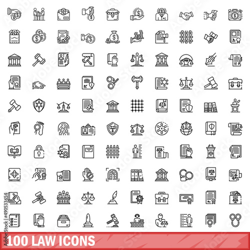 100 law icons set. Outline illustration of 100 law icons vector set isolated on white background