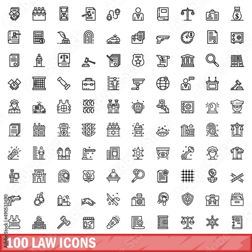 100 law icons set. Outline illustration of 100 law icons vector set isolated on white background