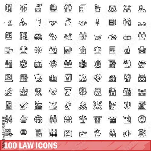100 law icons set. Outline illustration of 100 law icons vector set isolated on white background