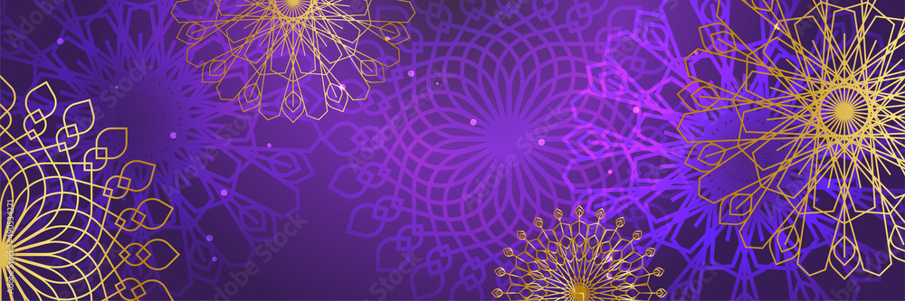 Mandala pattern purple and gold colorful wide banner design background