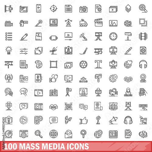 100 mass media icons set. Outline illustration of 100 mass media icons vector set isolated on white background