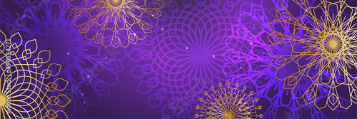 Mandala pattern purple and gold colorful wide banner design background