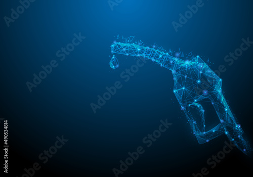fueling nozzle gasoline low poly wireframe. gas and oil pump lines, dots and triangle. Oil industry concept. isolated on blue dark background. vector illustration futuristic style.