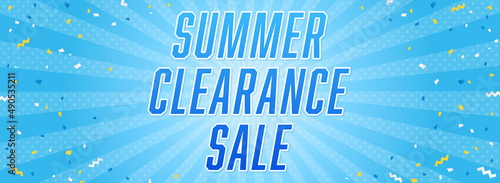 夏セール　バナーテンプレート　紙吹雪×集中線×ドットの水色背景（横長）