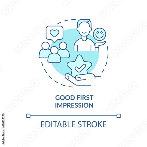 Good first impression turquoise concept icon. Professional design importance abstract idea thin line illustration. Isolated outline drawing. Editable stroke. Arial, Myriad Pro-Bold fonts used