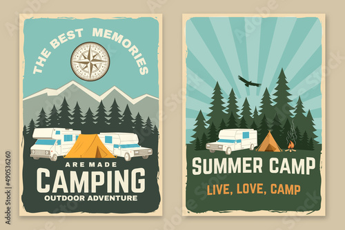 Set of camping retro posters. Vector illustration. Concept for shirt or logo, print, stamp or tee. Vintage typography design with motor home, forest and camper compass silhouette
