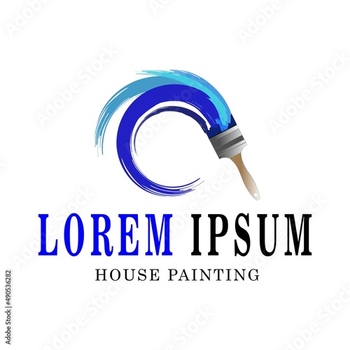 simple logo design of house painting service with brush in blue colors. 