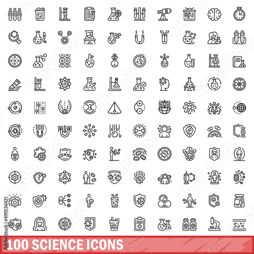 100 science icons set. Outline illustration of 100 science icons vector set isolated on white background