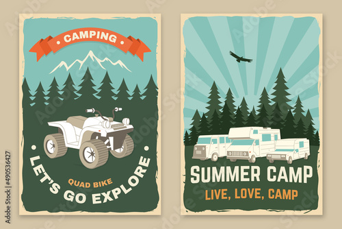 Set of camping retro posters. Vector illustration. Concept for shirt or logo, print, stamp or tee. Vintage typography design with motor home, forest and quad bike silhouette