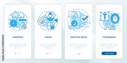 Principles of graphic design blue onboarding mobile app screen. Designer walkthrough 4 steps graphic instructions pages with linear concepts. UI, UX, GUI template. Myriad Pro-Bold, Regular fonts used