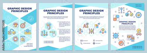 Graphic design principles blue brochure template. Content production. Leaflet design with linear icons. 4 vector layouts for presentation, annual reports. Arial-Black, Myriad Pro-Regular fonts used
