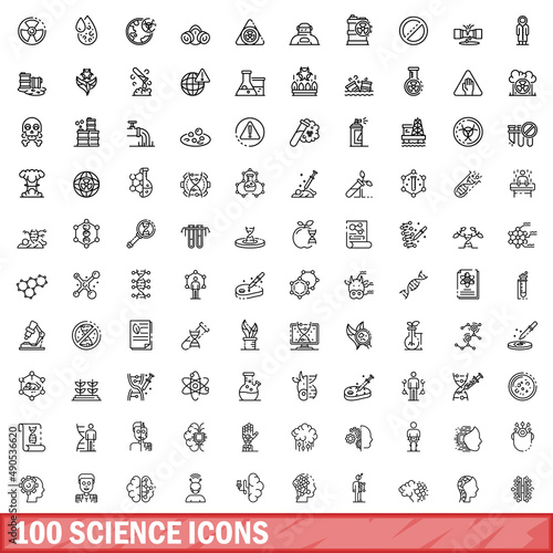 100 science icons set. Outline illustration of 100 science icons vector set isolated on white background