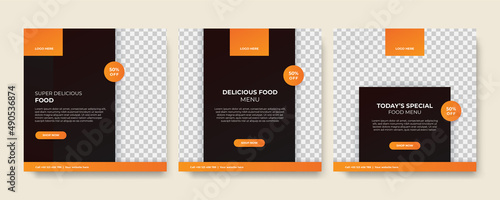 Fast food restaurant business marketing social media post or web banner template design with abstract background, logo and icon. Healthy food delivery online sale promotion flyer or poster.