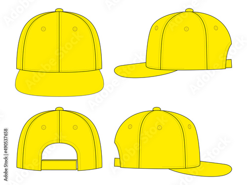 Blank Yellow Hip Hop Cap With Adjustable Hook and Loop Strap Closure Template On White Background, Vector File