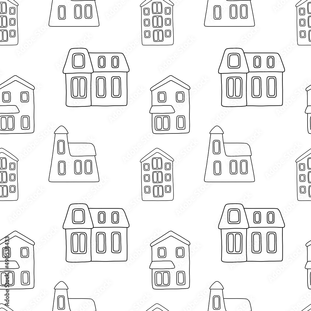 Vector seamless pattern with small cartoon houses on white background. Outline illustration for wallpaper, wrapping paper, background, fabric, textile, colouring.