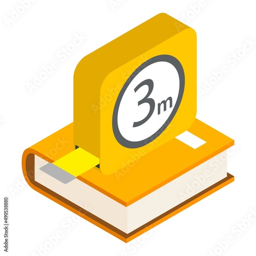 Engineering tool icon isometric vector. Yellow metal tape measure on closed book. Engineering, construction, measuring
