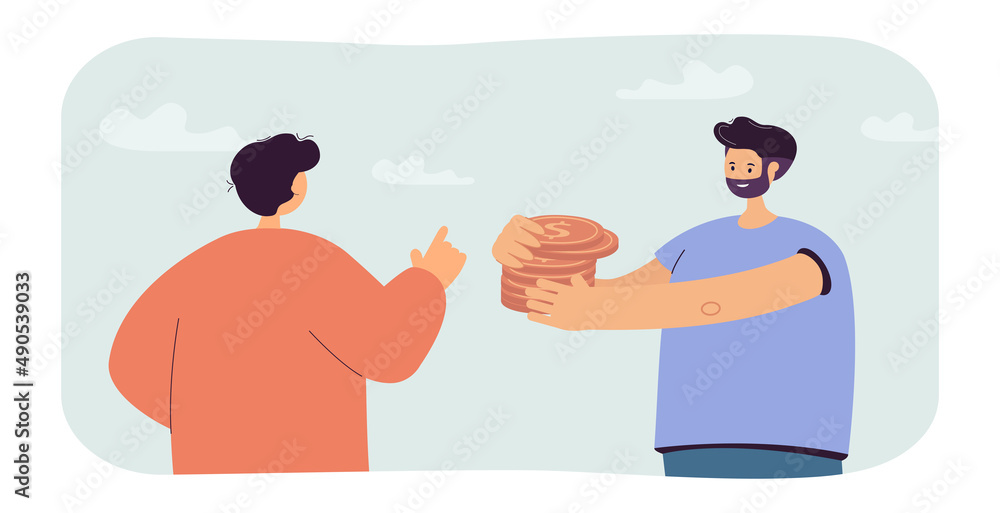 Male character borrowing money from friend or bank. Man holding stack of gold coins flat vector illustration. Debt or loan, finances concept for banner, website design or landing web page