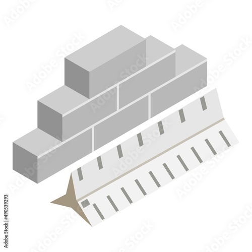 Measuring tool icon isometric vector. Three sided ruler near brick stack icon. Construction, building, repair