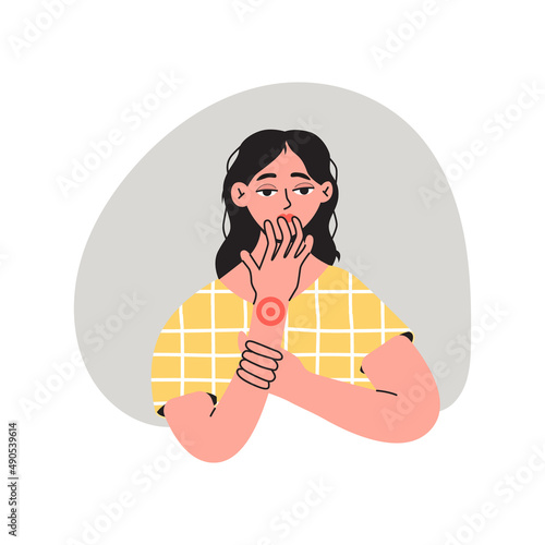 Woman suffering from joint pain. Flat vector illustration. Healthcare, pain, sickness, disease concept, isolated on a white background