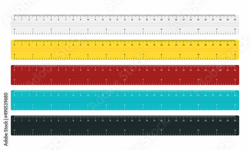 Vector illustration color plastic tape rulers 30 cm and 12 inches isolated on white background. Set of realistic school measuring rulers in flat style. Double sided measurement in centimeter and inch.