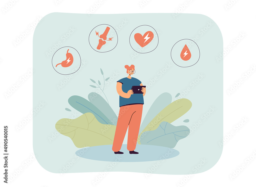 Cartoon woman reading about symptoms of diseases on phone. Stomach, bone, heart and blood symbols flat vector illustration. Medicine, health concept for banner, website design or landing page