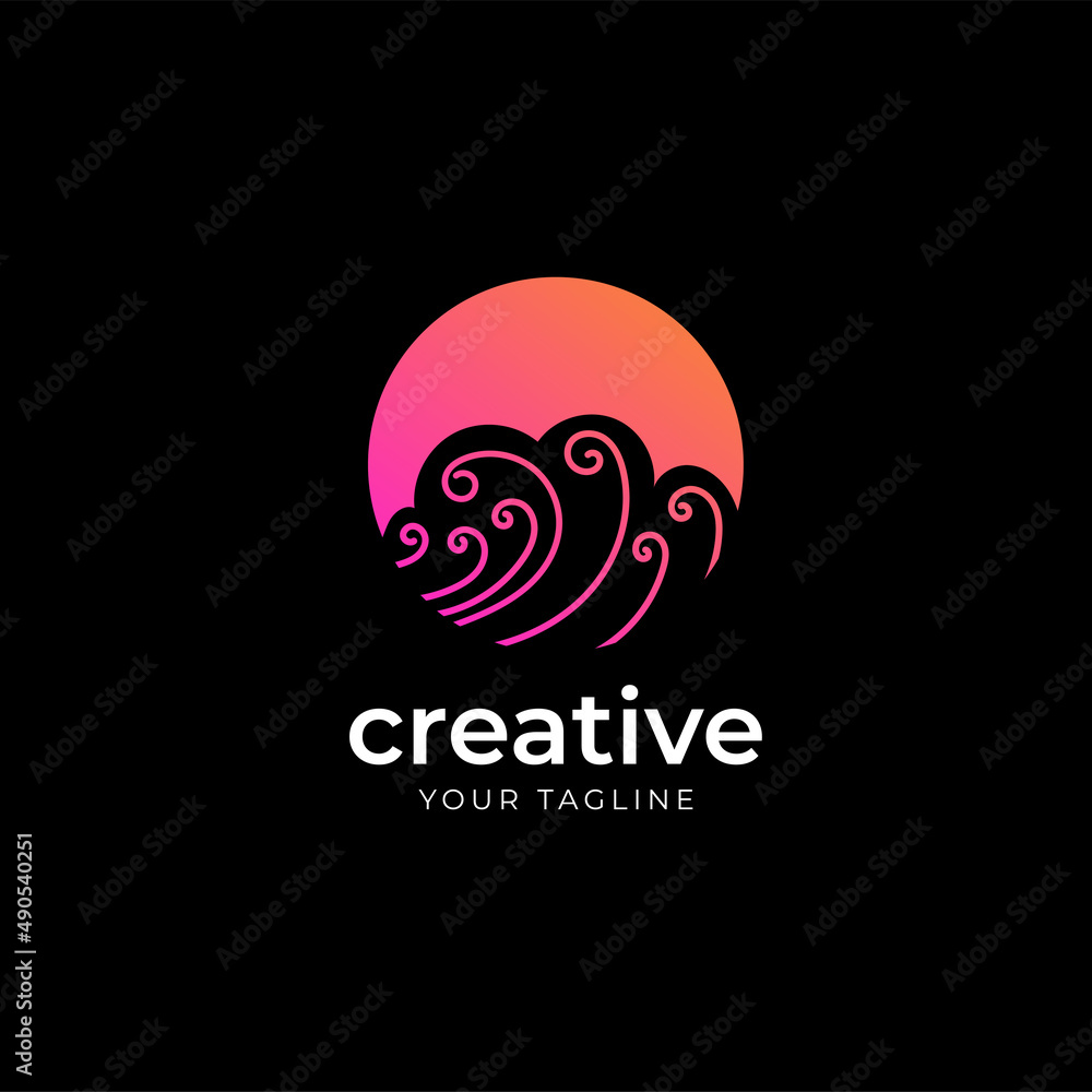 Simple Sunset and Ocean Wave Icon Logo Design Template Simple Sunset and Ocean Wave Icon Logo Design Template