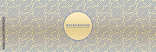 Asian background motif in oriental geometric style. Golden blue seamless pattern for wrapping, banner, fabric, texture. Japanese vector spring wavy ocean ornament.