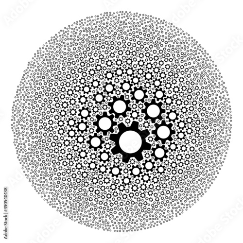 Cogwheel elements are composed into round group. Cogwheel icon spheric mosaic. Abstract spheric globula collage combined from cogwheel symbols. photo