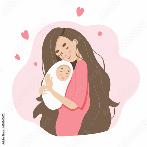 Young mother and newborn baby. Happy woman carefully hugging her child. Vector illustration of mom holding her kid in her arms. Isolated cartoon characters on a white background
