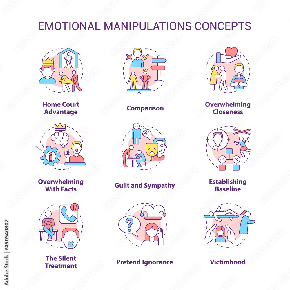 Emotional manipulations concept icons set. Silent treatment idea thin line color illustrations. Home court advantage. Isolated symbols. Editable stroke. Roboto-Medium, Myriad Pro-Bold fonts used Emotional manipulations concept icons set. Silent treatment idea thin line color illustrations. Home court advantage. Isolated symbols. Editable stroke. Roboto-Medium, Myriad Pro-Bold fonts used
