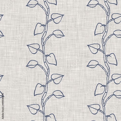 French blue botanical leaf linen seamless pattern with 2 tone country cottage style motif. Simple vintage rustic fabric textile effect. Primitive modern shabby chic kitchen cloth design.