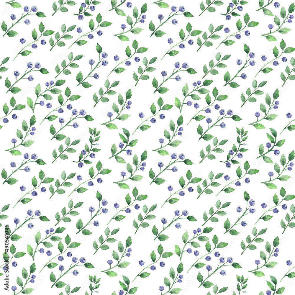 Watercolor seamless floral blueberry forest pattern 