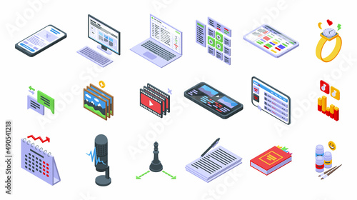 Content plan icons set isometric vector. Website code. Web computer