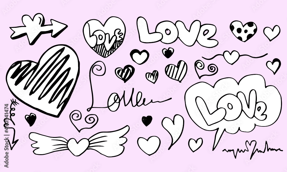 hand drawn doodles set for Valentine's Day. collection of beautiful hearts and writings Love on pink background. Vector illustration. hand drawn doodles set for Valentine's Day. collection of beautiful hearts and writings Love on pink background. Vector illustration.