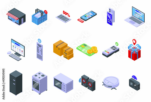 Technology store icons set isometric vector. Electronic mobile. Shop pay