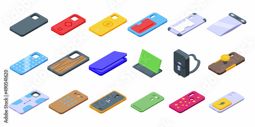 Smartphone case icons set isometric vector. Cover case. Glass crash