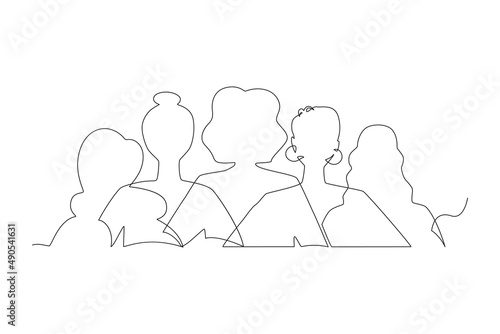Happy Women Day greeting card illustration. Continuous line drawing diverse woman silhouette. Young girl team together for march 8th international womens event. Vector illustration.