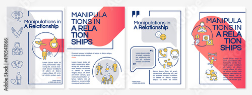 Emotional manipulations in relations red brochure template. Unhealthy behavior. Leaflet design with linear icons. 4 vector layouts for presentation, annual reports. Questrial, Lato-Regular fonts used