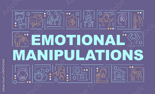 Psychological manipulations word concepts dark purple banner. Emotional harm. Infographics with icons on color background. Isolated typography. Vector illustration with text. Arial-Black font used