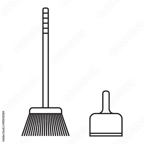 Manual broom and scoop for cleaning. Black and white icon. Illustration