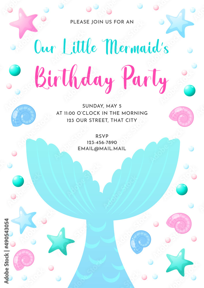 Mermaid party invitation template. Cute illustration of mermaid tail, sea shells and star fish. Birthday concept. Vector 10 EPS.