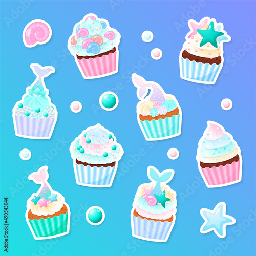 Set of mermaid cupcake stickers. Illustrations of birthday sweet muffins decorated with cream, pearl sprinkles and mermaid tail. Vector 10 EPS.