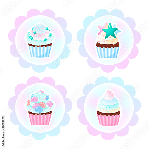 Set of cute birthday cupcake toppers. Illustrations of sweet muffins decorated with cream, pearl sprinkles and mermaid tails. Vector 10 EPS.
