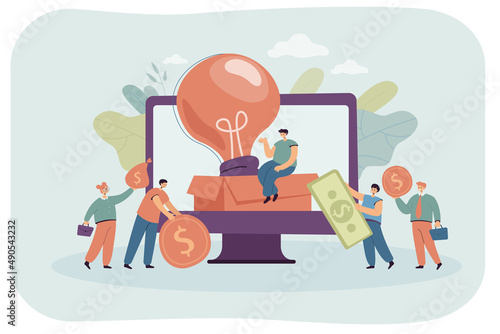 Tiny sponsors giving donations to startup project. Person raising money online, financial growth flat vector illustration. Crowdfunding, internet, cooperation concept for banner or website design
