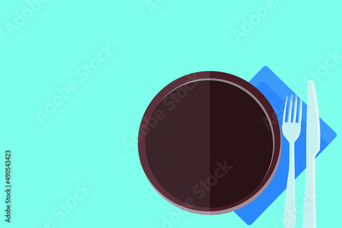 Flat design illustration of Empty circular wooden plate with fork and knife on blue tablecloth. Suitable for business people, restaurants, food vloggers and other related things