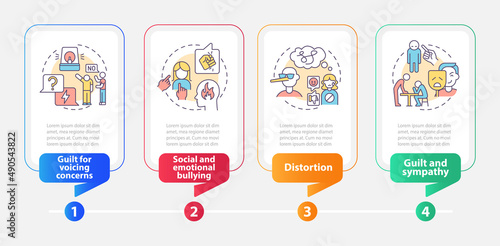 Emotional manipulation strategies rectangle infographic template. Data visualization with 4 steps. Process timeline info chart. Workflow layout with line icons. Myriad Pro-Bold, Regular fonts used