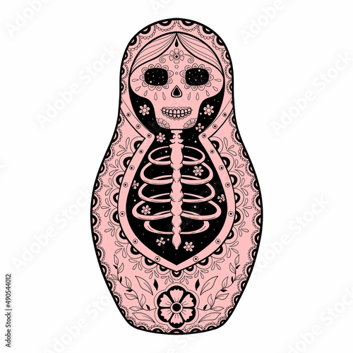 Vector Tattoo Skull Doll Matreshka Black and White Illustration